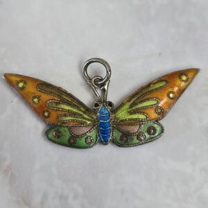 Rare Vintage Silver Butterfly Pendant Charm Cloisonné Marked SILVER  1940s-50's